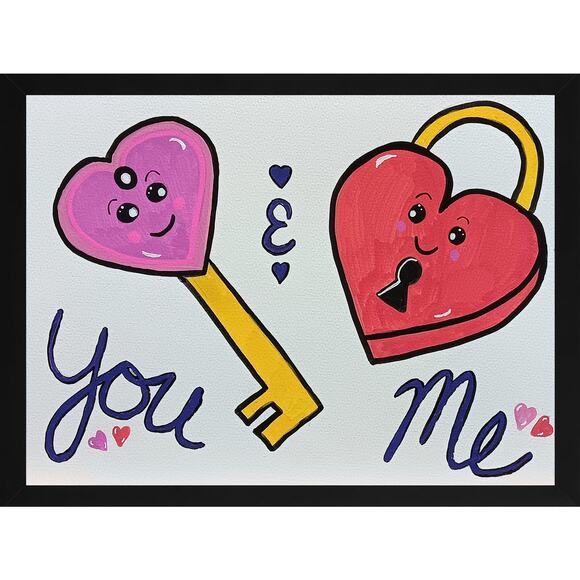 Lock & Key Kawaii You Me Romantic 9x12 Inch OOAK Original Acrylic Painting - Picture 1 of 2